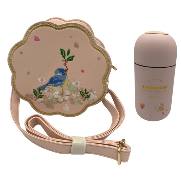 starbucks Handbags - Rare STARBUCKS Embroidered Sakura Bird Crossbody Korea Limited Edition Cup